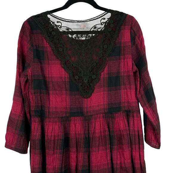 HEM & THREAD Maroon and Black Buffalo Plaid Dress Back Lace Inset  S NWT - Picture 4 of 7